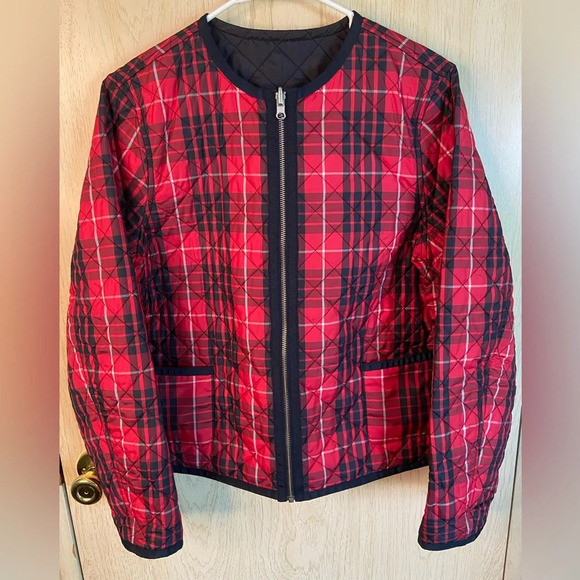 Brooks Brothers Red & Navy Blue Tartan Plaid Reversible Quilted Zip Jacket Sz L - Picture 1 of 11